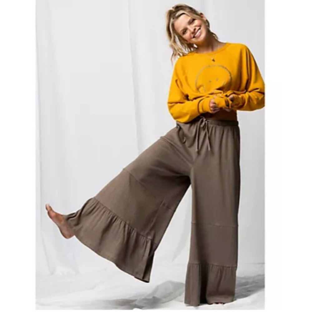 Peace Love World Women Pants Sz L Knit Gauze Tiered Wide Driftwood A515305